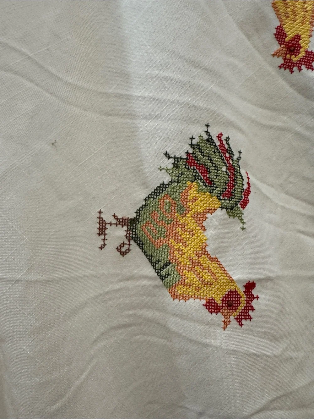 White Rooster Embroidered Tablecloth with Yellow Stripe Border